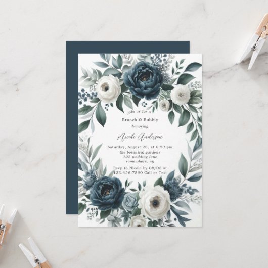 Invitation Marine Blue & Silver Ivory Floral Brunch & Bubbly (Devant/Arrière en situation)