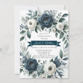 Invitation Marine Blue & Silver Ivory Floral Couples Douche (Devant)