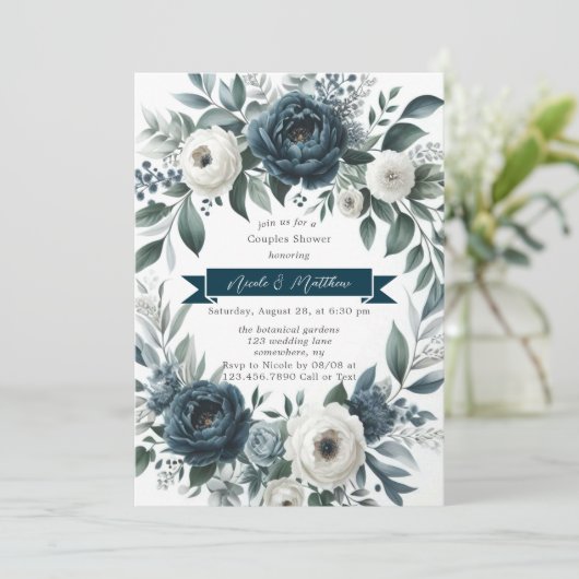 Invitation Marine Blue & Silver Ivory Floral Couples Douche (Debout devant)
