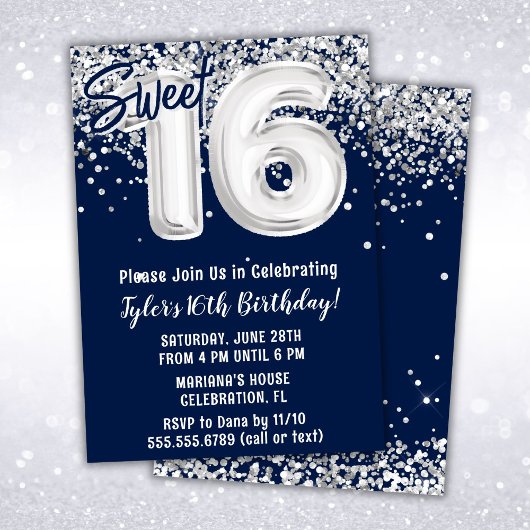 Invitation Marine Blue Silver Sweet 16e fête d'anniversaire