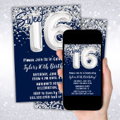 Invitation Marine Blue Silver Sweet 16e fête d'anniversaire