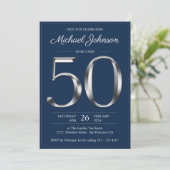 Invitation Marine Blue Silver Typographie 50e anniversaire fê (Debout devant)