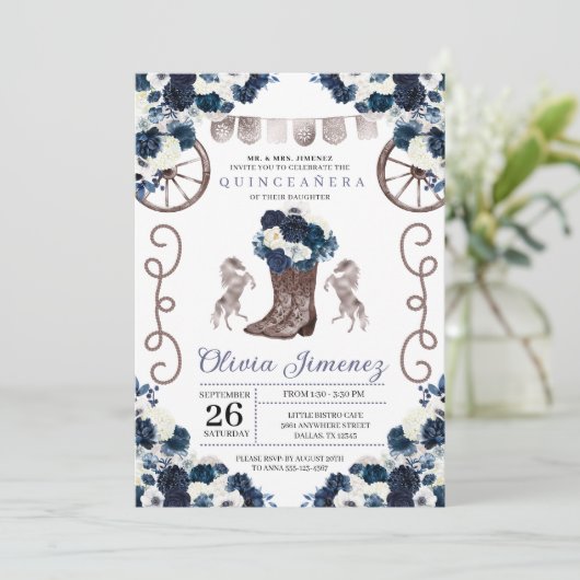 Invitation Marine Blue Silver Western Charra Boots Quinceañer (Debout devant)