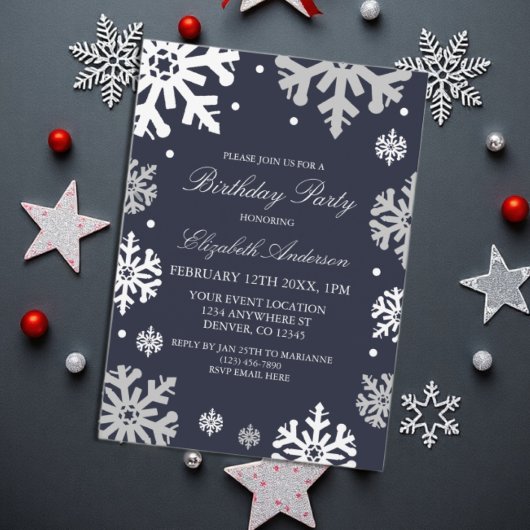 Invitation Marine Blue Snowflakes hiver Anniversaire