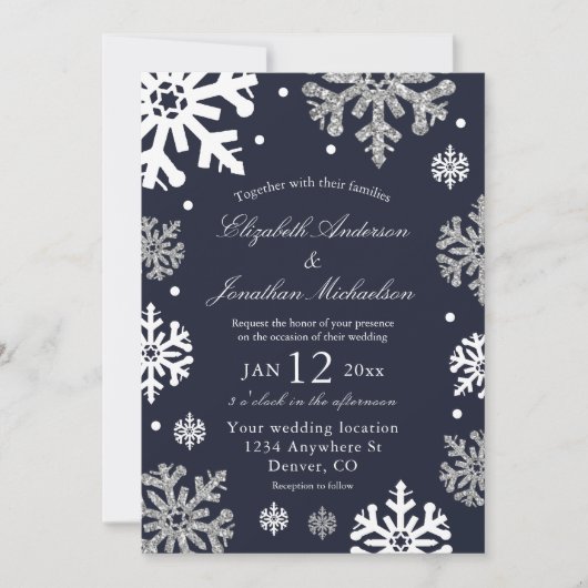 Invitation Marine Blue Snowflakes Mariage d'hiver (Devant)