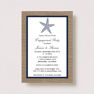 Invitation Marine Blue Starfish Burlap Beach Fiançailles Douc