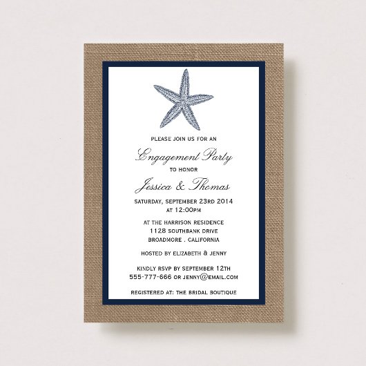 Invitation Marine Blue Starfish Burlap Beach Fiançailles Douc