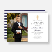 Invitation Marine Blue Stripes Boy First Communion Photo