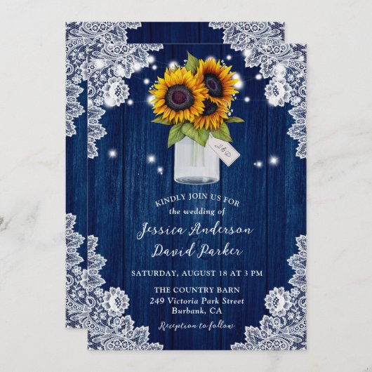 Invitation Marine Blue Sunflower Wood dentelle Mason Jar Mari (Devant / Derrière)