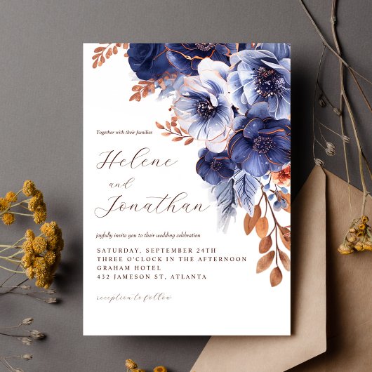 Invitation Marine Blue Terracotta rouille Floral Élégant Mari