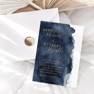 Invitation Marine Blue Watercolor & Gold Mariage