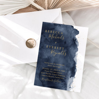 Invitation Marine Blue Watercolor & Gold Mariage