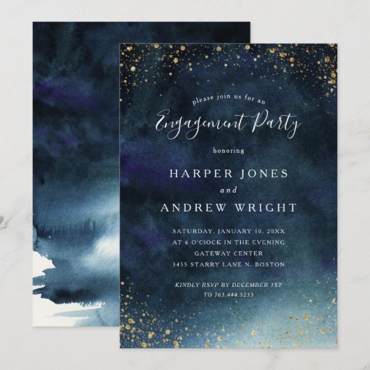 Invitation Marine Blue Watercolor Gold Parties scintillant (Devant / Derrière)