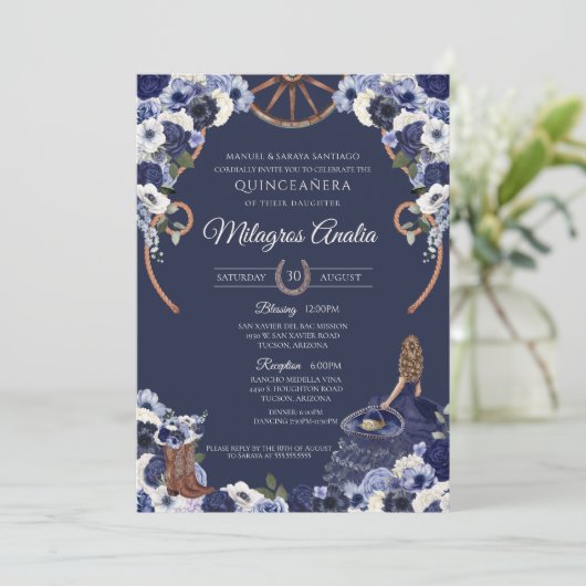 Invitation Marine Blue Western Charro Rustique Quinceanera (Debout devant)