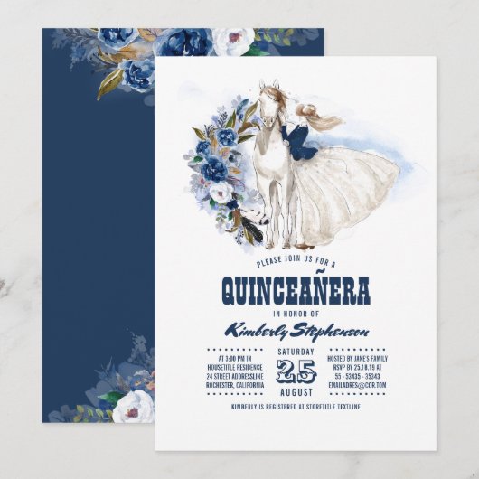 Invitation Marine Blue Western Quinceañera - 15e anniversaire (Devant / Derrière)