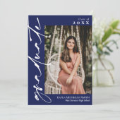 Invitation Marine Blue White Calligraphie Photo Graduation (Debout devant)