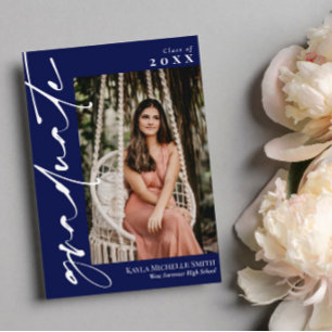 Invitation Marine Blue White Calligraphie Photo Graduation
