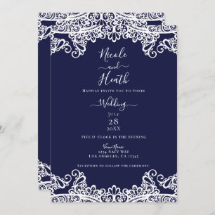 Invitation Marine Blue & White Lace Mariage élégant