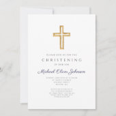 Invitation Marine Blue Wood Cross Religion Garçon Christening (Devant)
