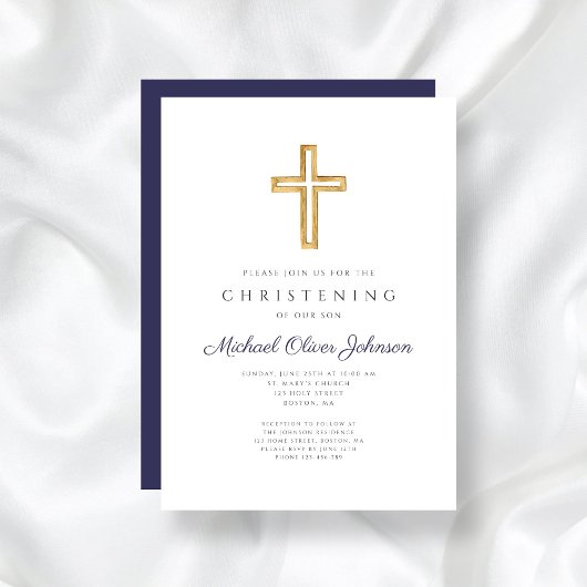 Invitation Marine Blue Wood Cross Religion Garçon Christening