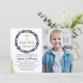Invitation Marine Blue Wreath Gold First Holy Communion Photo (Debout devant)