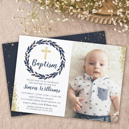 Invitation Marine Blue Wreath Gold Parties scintillant Boy Ba