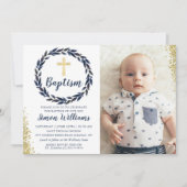 Invitation Marine Blue Wreath Gold Parties scintillant Boy Ba (Devant)