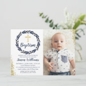 Invitation Marine Blue Wreath Gold Parties scintillant Boy Ba (Debout devant)