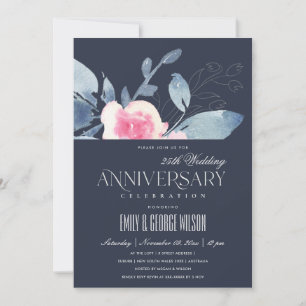 Invitation MARINE BLUSH BLEU FLORAL 25e TOUTE ANNÉE ANNIVERSA