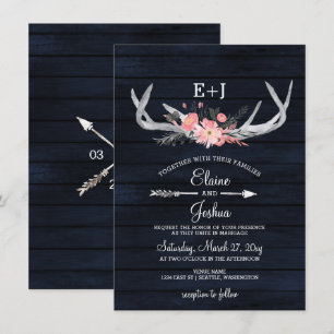 Invitation Marine Blush Blooming Antlers Pays Chic Mariage
