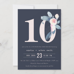 INVITATION MARINE BLUSH BLUE FLORAL 10E TOUTE ANNÉE ANNIVERSA