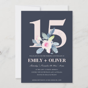 INVITATION MARINE BLUSH BLUE FLORAL 15E TOUTE ANNÉE ANNIVERSA