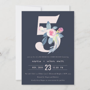 INVITATION MARINE BLUSH BLUE FLORAL 5E TOUTE ANNÉE ANNIVERSAI