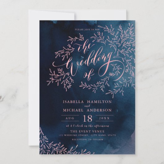 Invitation Marine blush calligraphie mariage floral rustique (Devant)