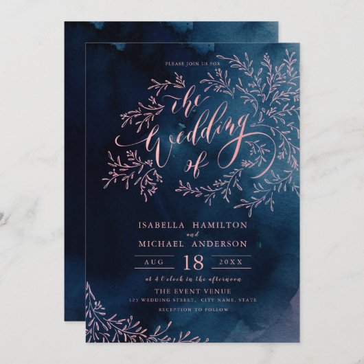 Invitation Marine blush calligraphie mariage floral rustique (Devant / Derrière)