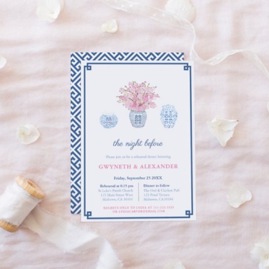 Invitation Marine Blush Chinoiserie Mariage Répétition & Dîne