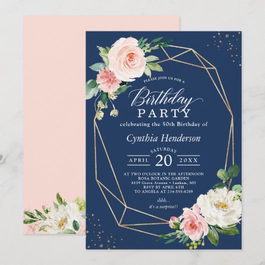 Invitation Marine Blush Floral Adulte fête d'anniversaire (Devant / Derrière)
