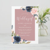 Invitation Marine & Blush Floral Blanc Frontière Élégant Mari (Debout devant)