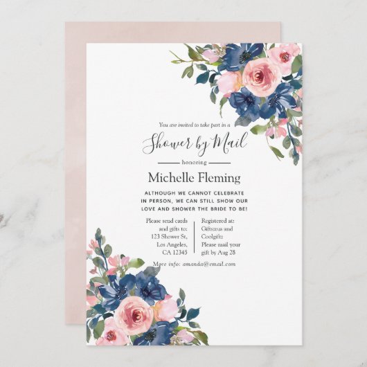 Invitation Marine & Blush Floral Bride ou Baby shower par cou (Devant / Derrière)
