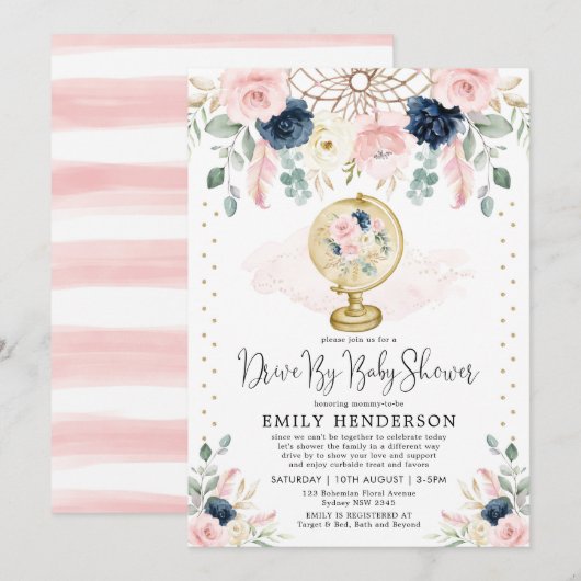 Invitation Marine Blush Floral Drive By Baby shower Quarantai (Devant / Derrière)