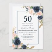 Invitation Marine & Blush Floral Élégant 50e anniversaire fêt (Devant)