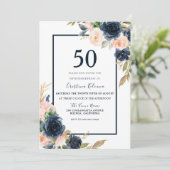 Invitation Marine & Blush Floral Élégant 50e anniversaire fêt (Debout devant)
