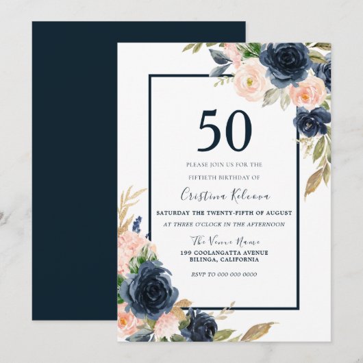 Invitation Marine & Blush Floral Élégant 50e anniversaire fêt (Devant / Derrière)