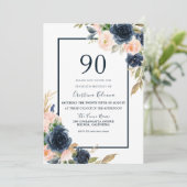 Invitation Marine & Blush Floral Elégant 90e anniversaire fêt (Debout devant)