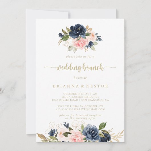 Invitation Marine Blush Floral Gold Mariage Brunch (Devant)