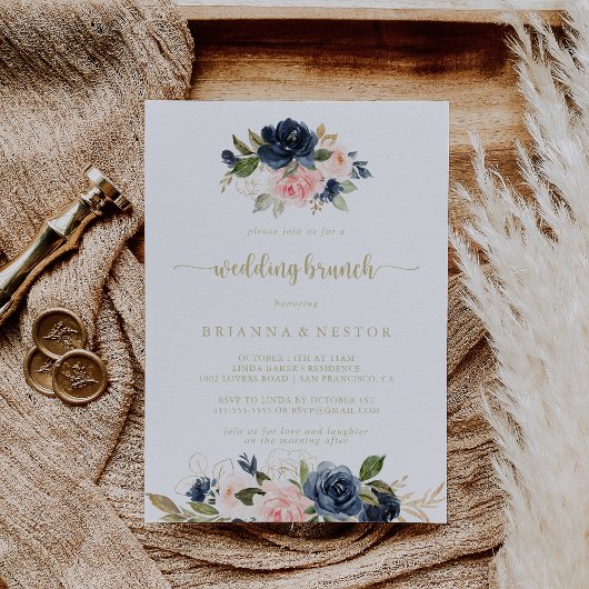 Invitation Marine Blush Floral Gold Mariage Brunch
