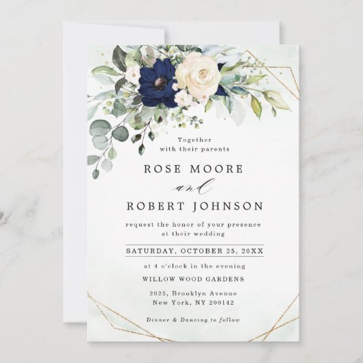 Invitation Marine Blush Floral Greenery Mariage géométrique (Devant)