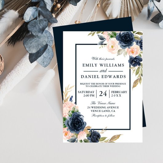 Invitation Marine & Blush Floral Mariage élégant