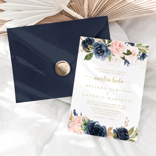 Invitation Marine Blush Floral Or Nuestra Boda Mariage