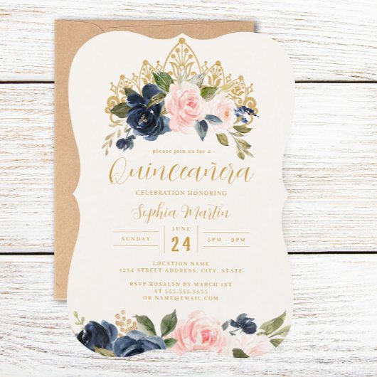 Invitation Marine Blush Floral Tiara Quinceanera